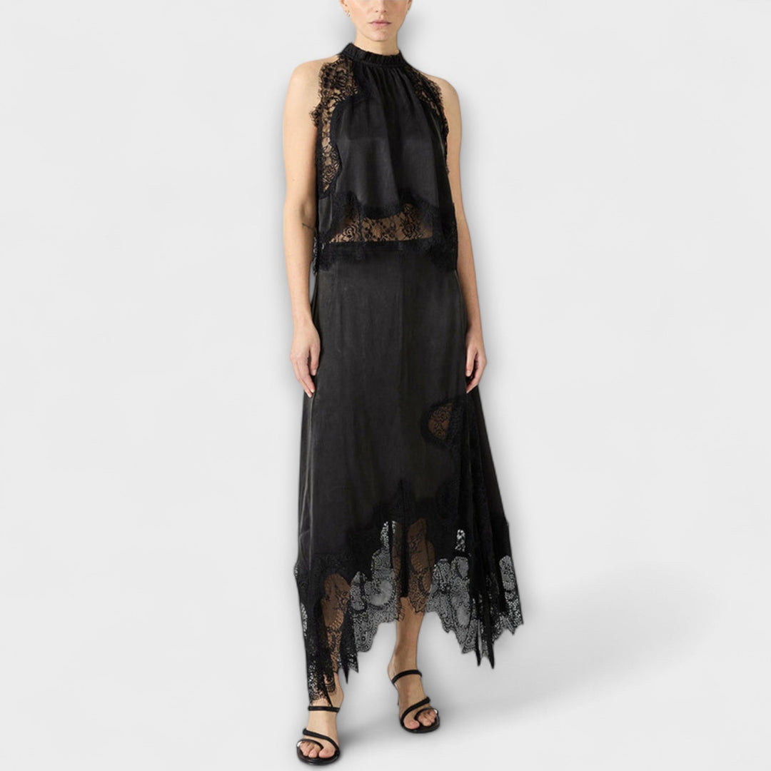 Kaia - Satin Blouse with Lace Trim and Pleated Neckline Set