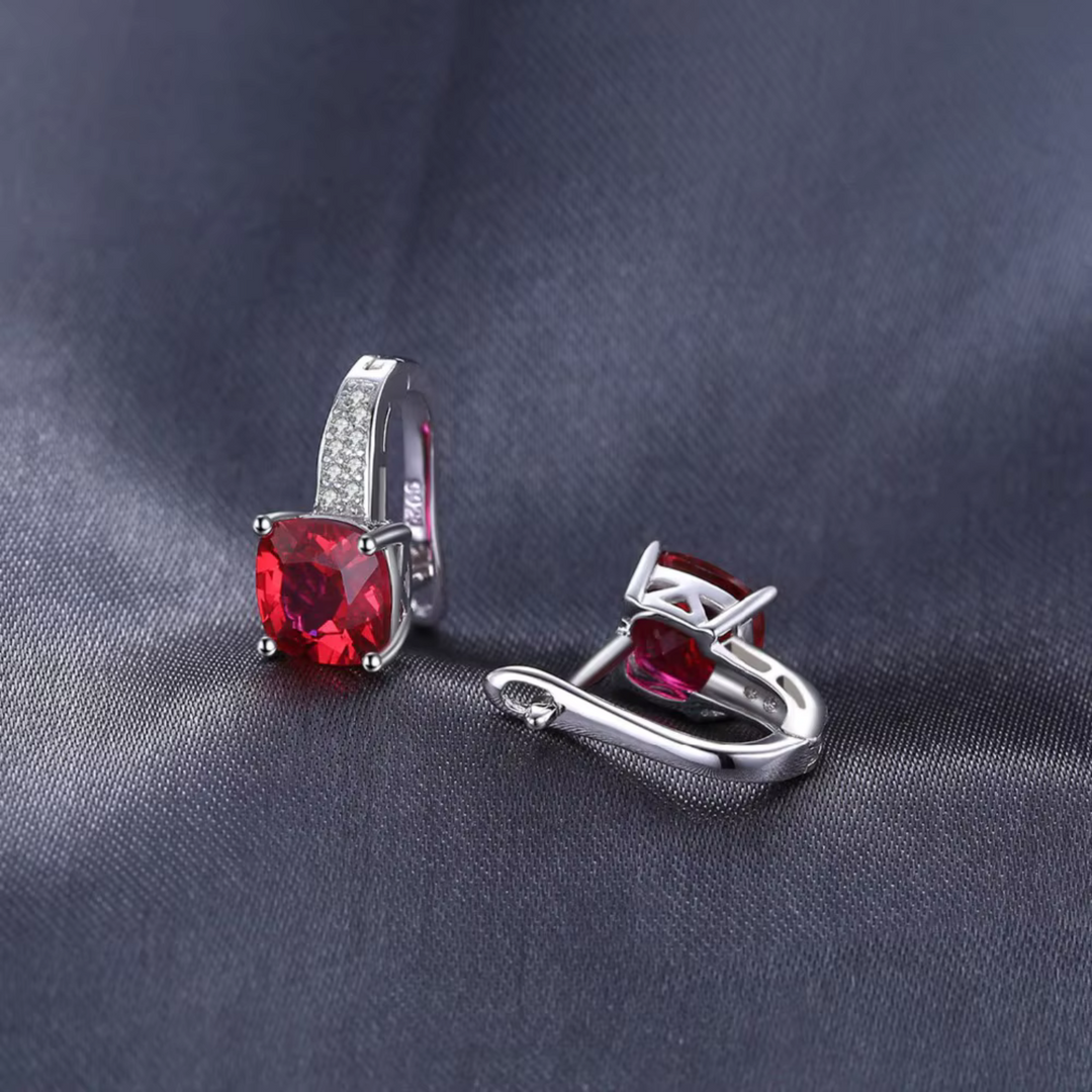 Rhodium-Plated Cushion Ruby Stud Earrings
