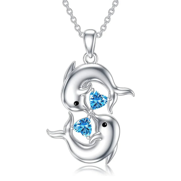 Silver Dolphin Blue Crystal Necklace
