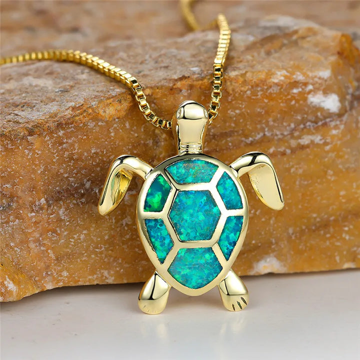 Vintage Green Fire Opal Turtle Pendant in Gold