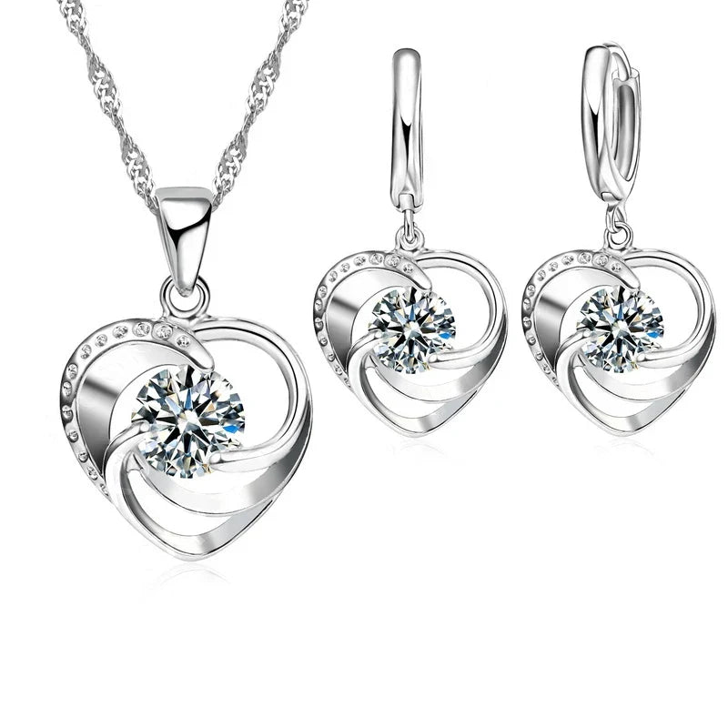 Sterling Silver Heart-Shaped Necklace and Earrings