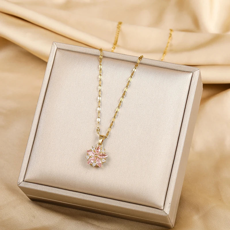 Romantic Sakura Rose Stainless Steel Necklace