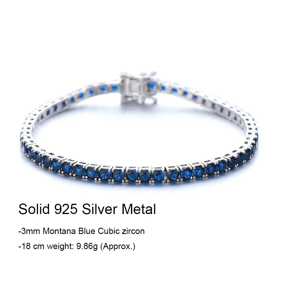 YLMyself Tennis Bracelet 925 Sterling Silver 3mm Montana Blue Sapphire CZ 15-21cm Hip Hop Gift