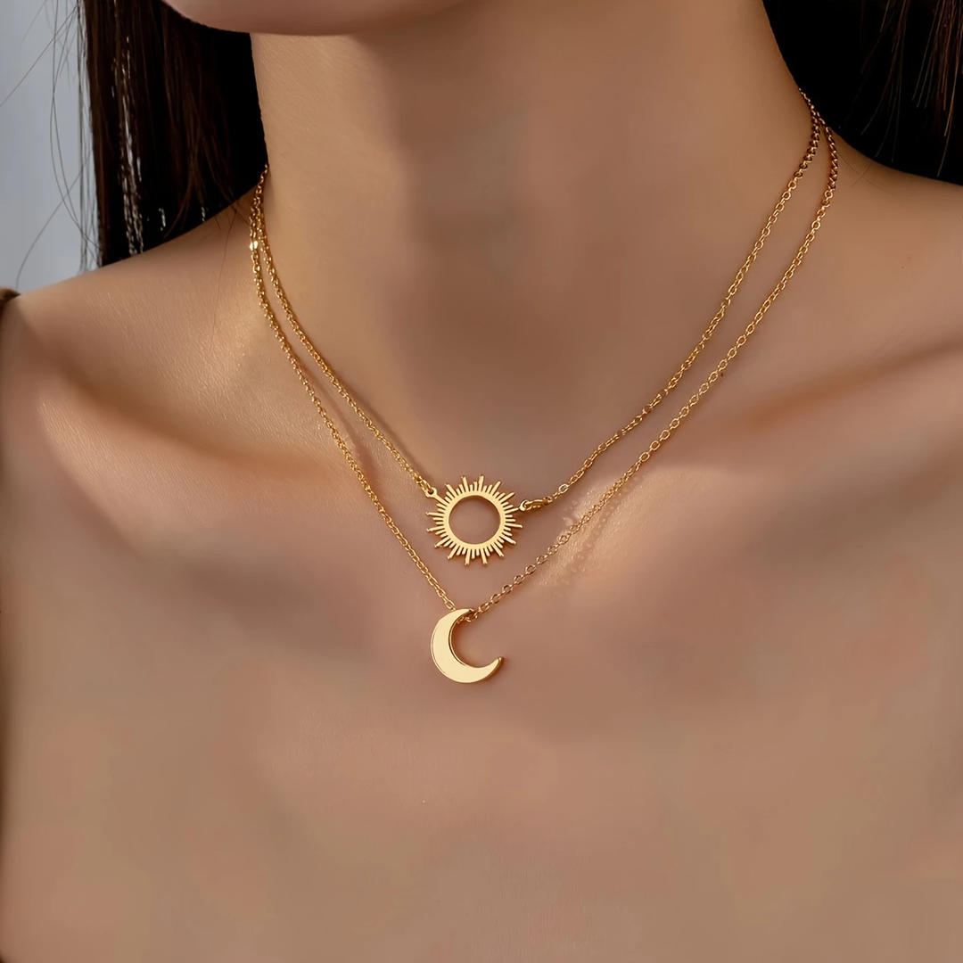 Gold Layered Necklace Sun & Moon